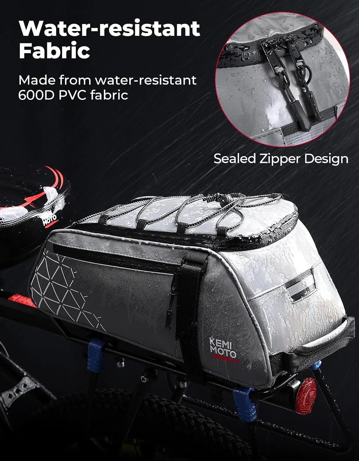 KEMIMOTO Rear Bike Rack Bag, 8L Full Reflective PVC Water Resistant Bicycle Trunk for Road and Mountain Bikes, Ebike Rack Bag with Side Pockets for Cycling Travel Commute