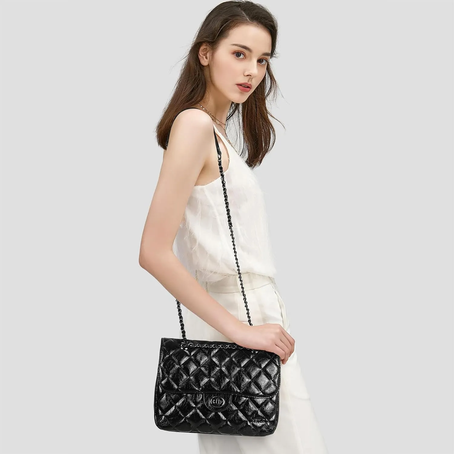 Keyli Large Crossbody Shoulder Bag for Women, Trendy Quilted Hobo Bags Satchel Purses Ladies Handle Handbags with Chain Strap