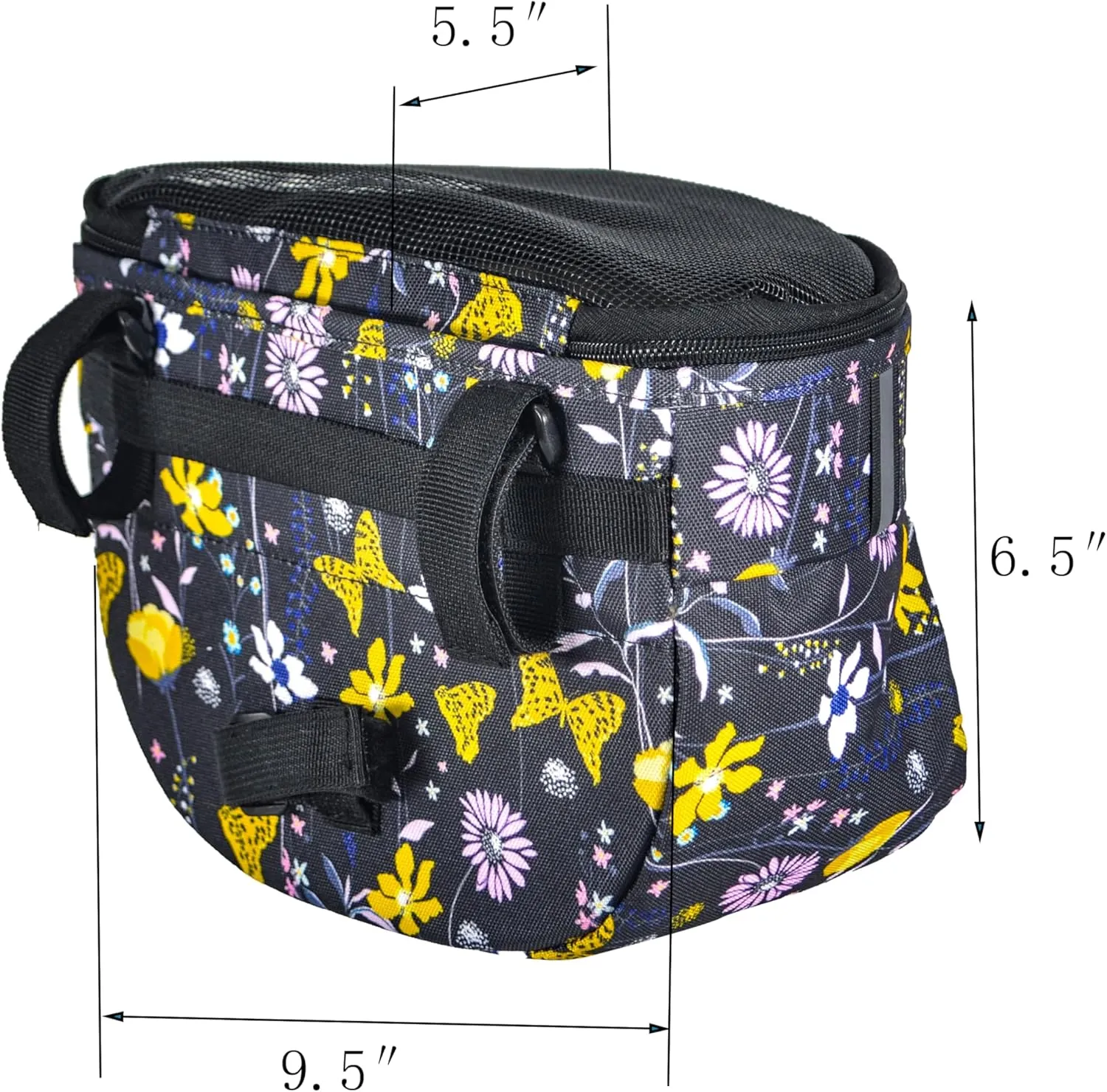 Kids Bike Basket,Durable Front Frame Bicycle & Scooter Basket Bag,Waterproof Fabric Bicycle Handlebar Bag for Boys, Girls, Toddlers with Zipper Mesh Lip (Black Flower)