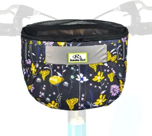 Kids Bike Basket,Durable Front Frame Bicycle & Scooter Basket Bag,Waterproof Fabric Bicycle Handlebar Bag for Boys, Girls, Toddlers with Zipper Mesh Lip (Black Flower)