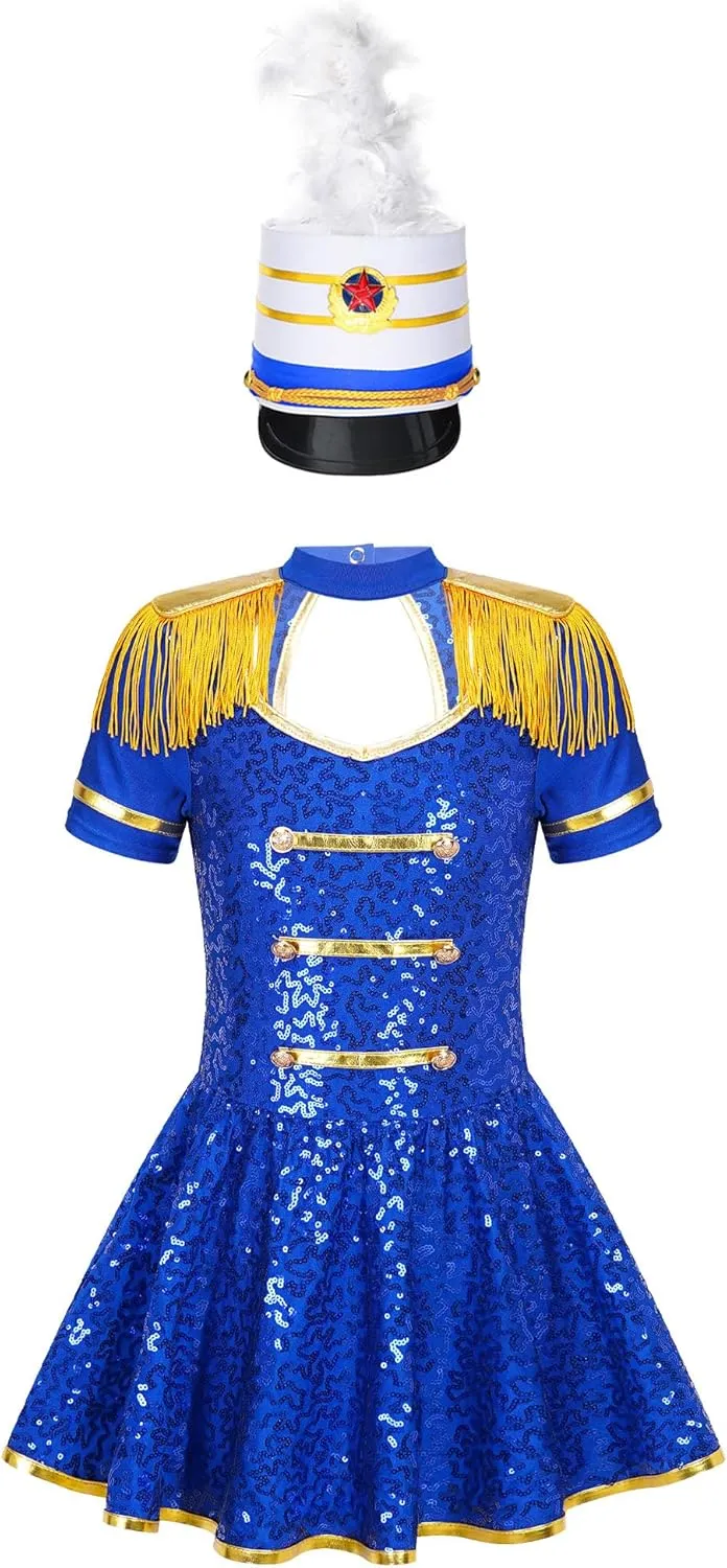 Kids Girls Majorette Costume Drum Major Marching Band Uniform Leotard Dress with Hat Set Fancy Dress Up