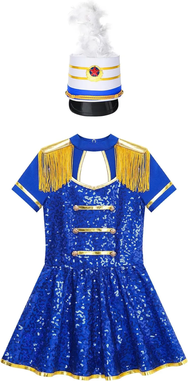 Kids Girls Majorette Costume Drum Major Marching Band Uniform Leotard Dress with Hat Set Fancy Dress Up