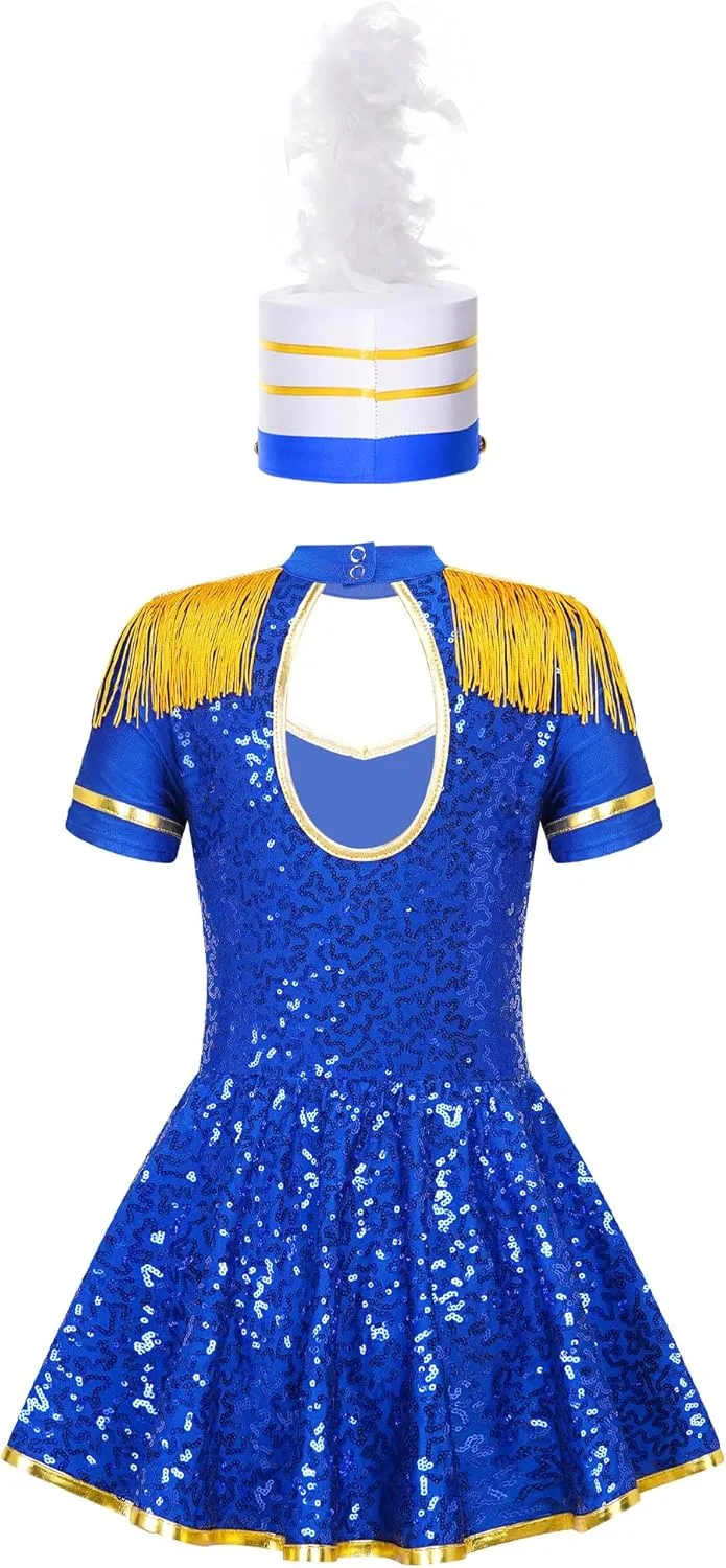 Kids Girls Majorette Costume Drum Major Marching Band Uniform Leotard Dress with Hat Set Fancy Dress Up