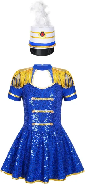 Kids Girls Majorette Costume Drum Major Marching Band Uniform Leotard Dress with Hat Set Fancy Dress Up