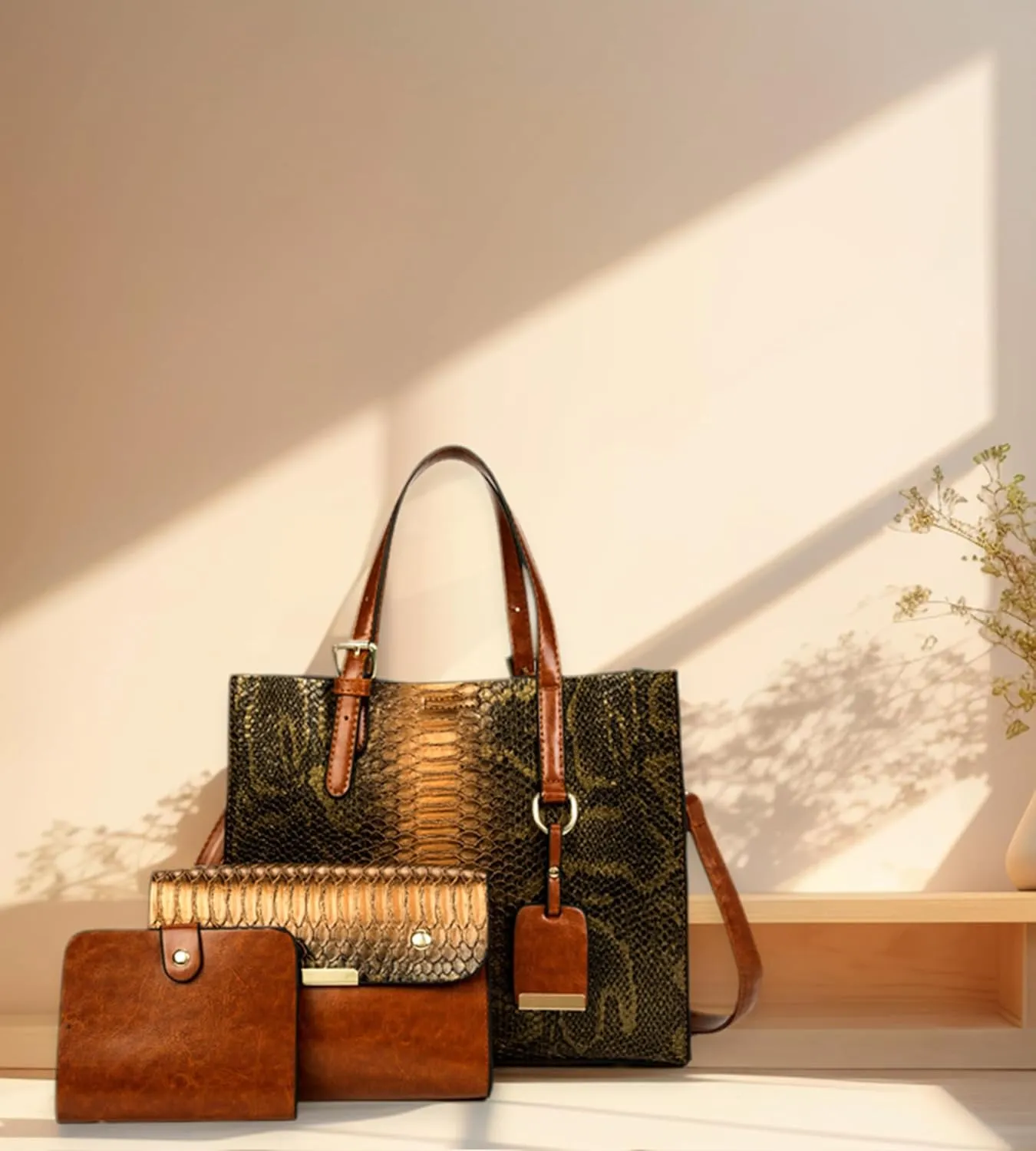 KingTo Women's Crocodile Pattern Satchel Handbags Stylish Tote Handbags crocodile purses for women 3 Pcs Set
