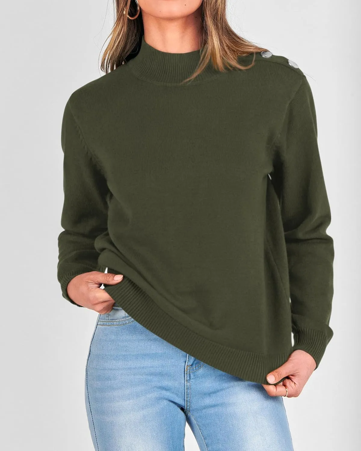 KIRUNDO Women's 2025 Fall Winter Long Sleeve Knit Sweater Turtleneck Striped Loose Pullover Tops Deco with Metal Buttons