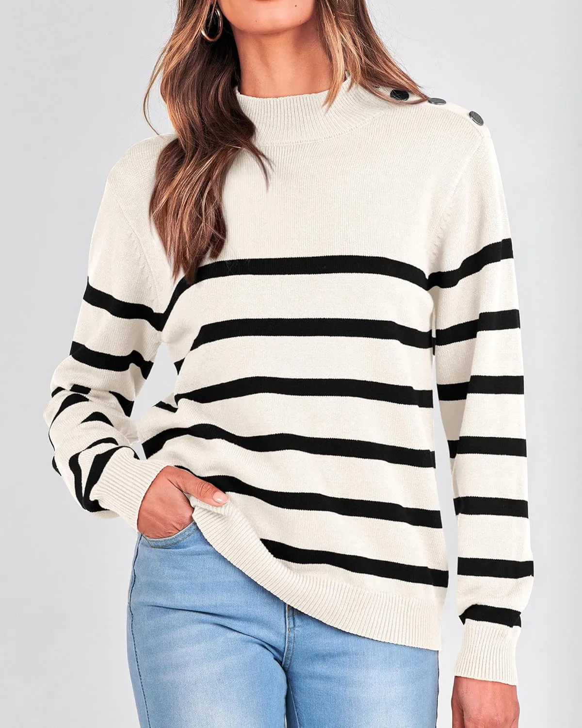 KIRUNDO Women's 2025 Fall Winter Long Sleeve Knit Sweater Turtleneck Striped Loose Pullover Tops Deco with Metal Buttons