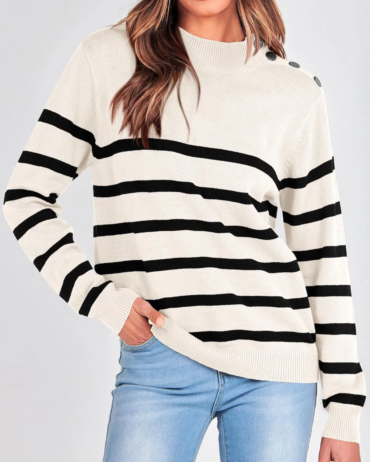 KIRUNDO Women's 2025 Fall Winter Long Sleeve Knit Sweater Turtleneck Striped Loose Pullover Tops Deco with Metal Buttons