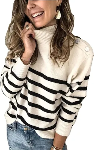 KIRUNDO Women's 2025 Fall Winter Long Sleeve Knit Sweater Turtleneck Striped Loose Pullover Tops Deco with Metal Buttons