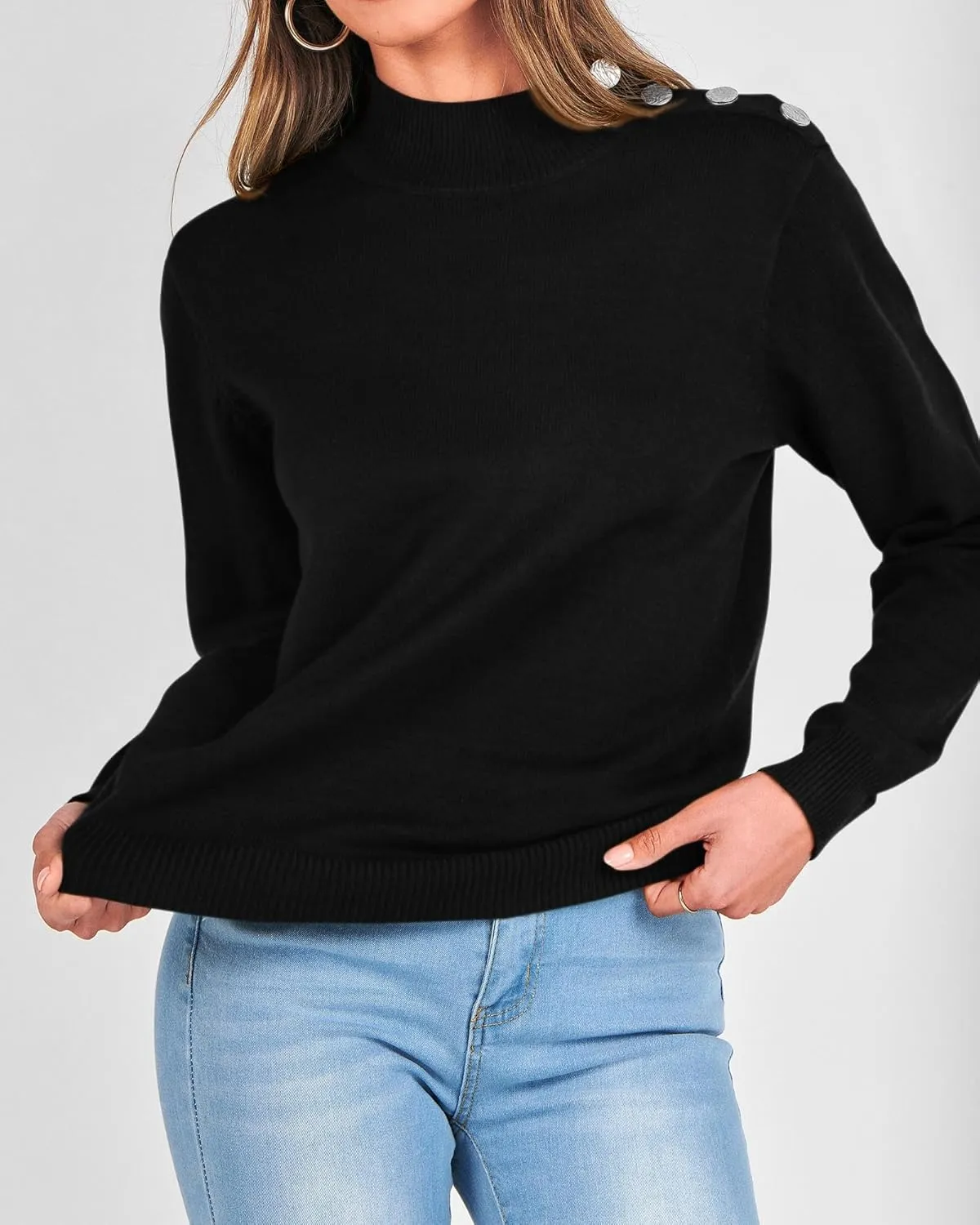 KIRUNDO Women's 2025 Fall Winter Long Sleeve Knit Sweater Turtleneck Striped Loose Pullover Tops Deco with Metal Buttons