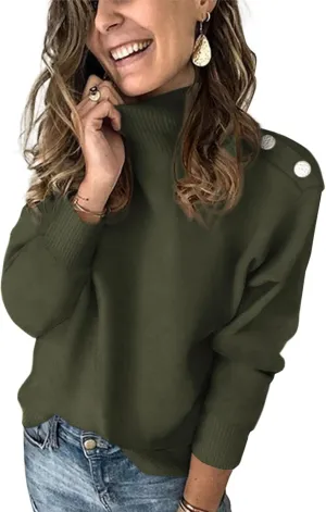 KIRUNDO Women's 2025 Fall Winter Long Sleeve Knit Sweater Turtleneck Striped Loose Pullover Tops Deco with Metal Buttons