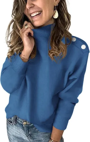 KIRUNDO Women's 2025 Fall Winter Long Sleeve Knit Sweater Turtleneck Striped Loose Pullover Tops Deco with Metal Buttons