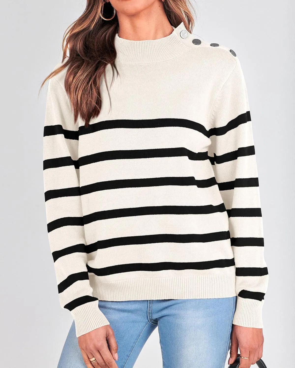 KIRUNDO Women's 2025 Fall Winter Long Sleeve Knit Sweater Turtleneck Striped Loose Pullover Tops Deco with Metal Buttons