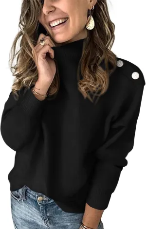 KIRUNDO Women's 2025 Fall Winter Long Sleeve Knit Sweater Turtleneck Striped Loose Pullover Tops Deco with Metal Buttons
