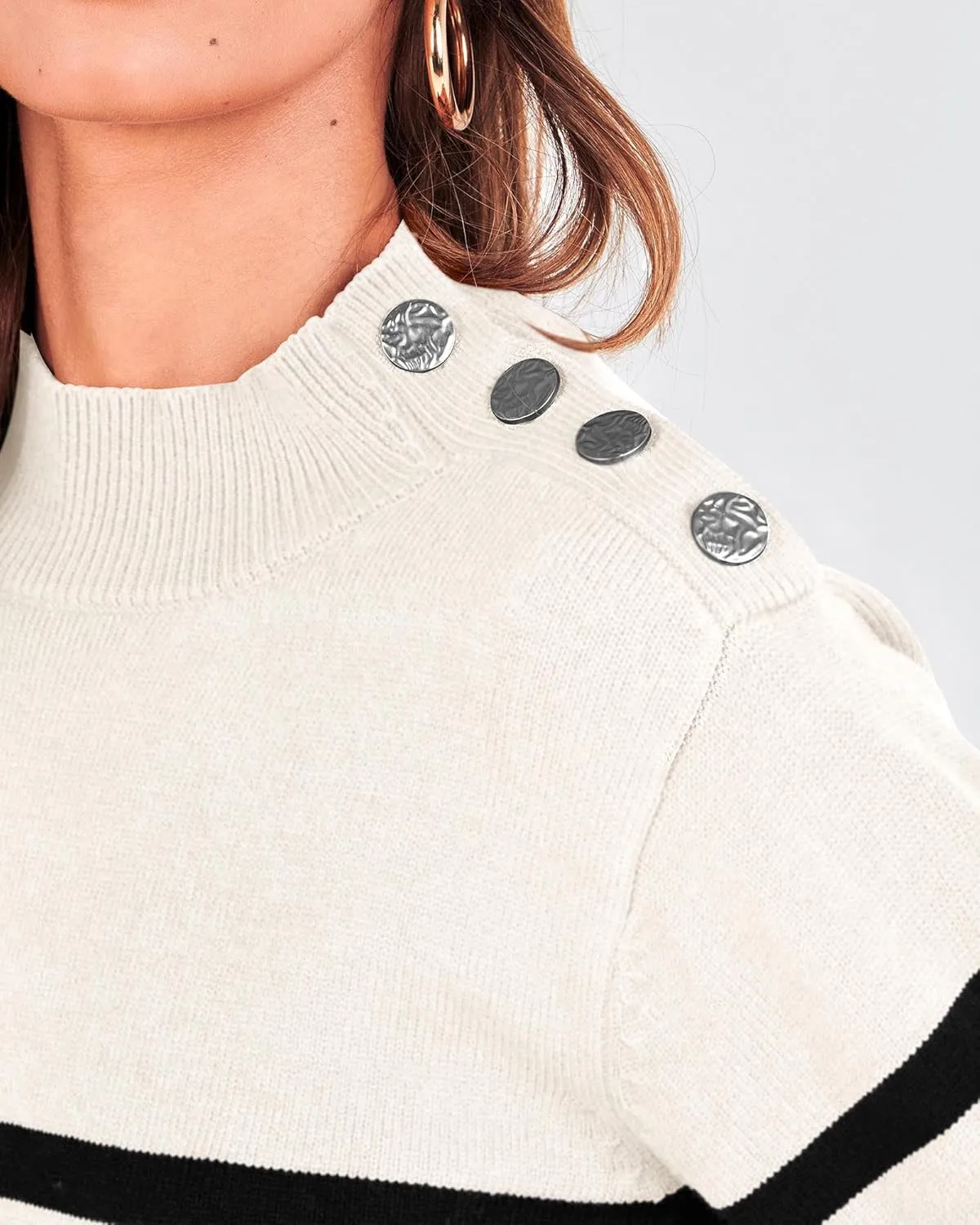 KIRUNDO Women's 2025 Fall Winter Long Sleeve Knit Sweater Turtleneck Striped Loose Pullover Tops Deco with Metal Buttons