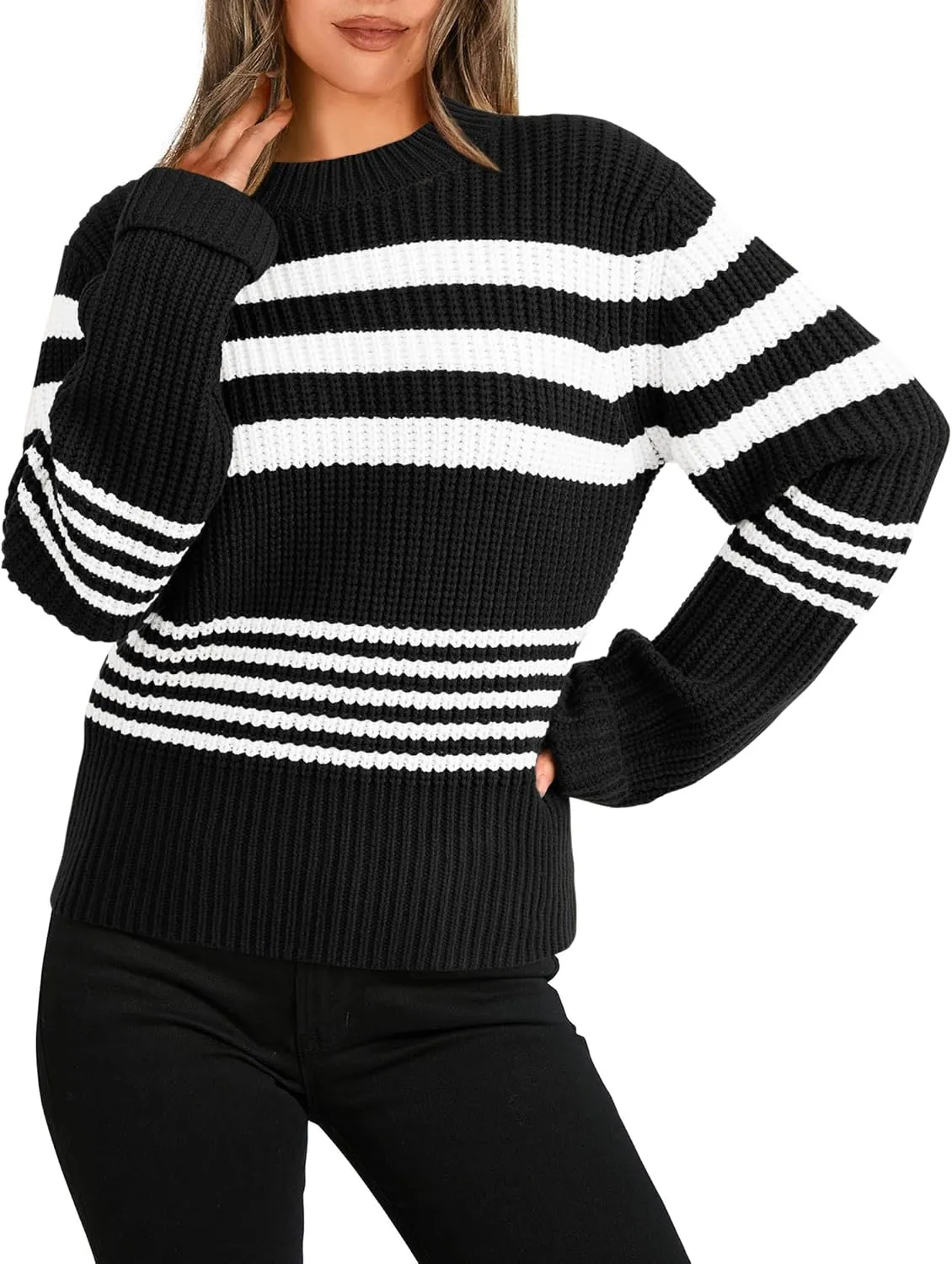 KIRUNDO Women's 2025 Fall Winter Striped Color Block Short Sweater Long Sleeve Crew Neck Casual Loose Knit Pullover Tops