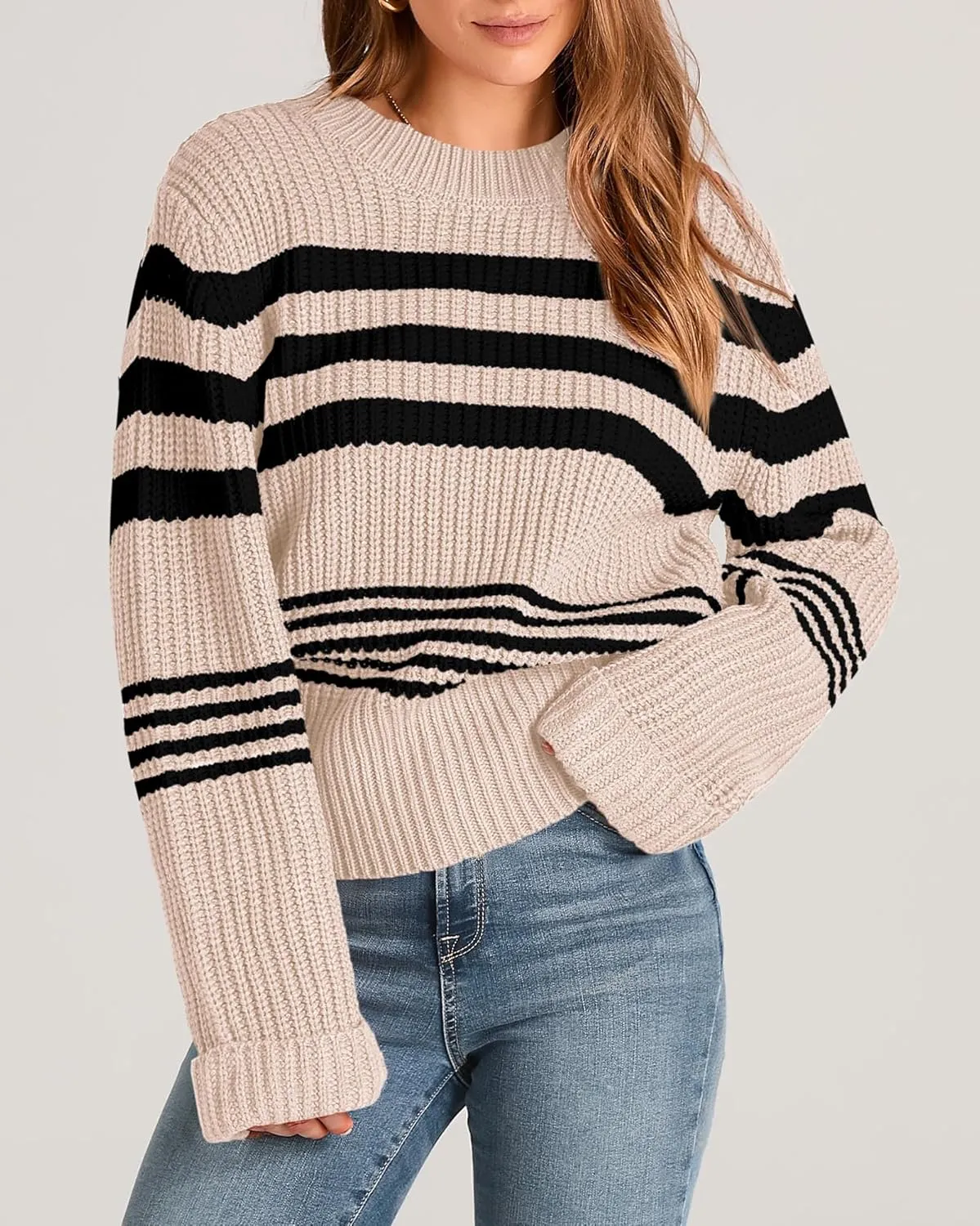 KIRUNDO Women's 2025 Fall Winter Striped Color Block Short Sweater Long Sleeve Crew Neck Casual Loose Knit Pullover Tops