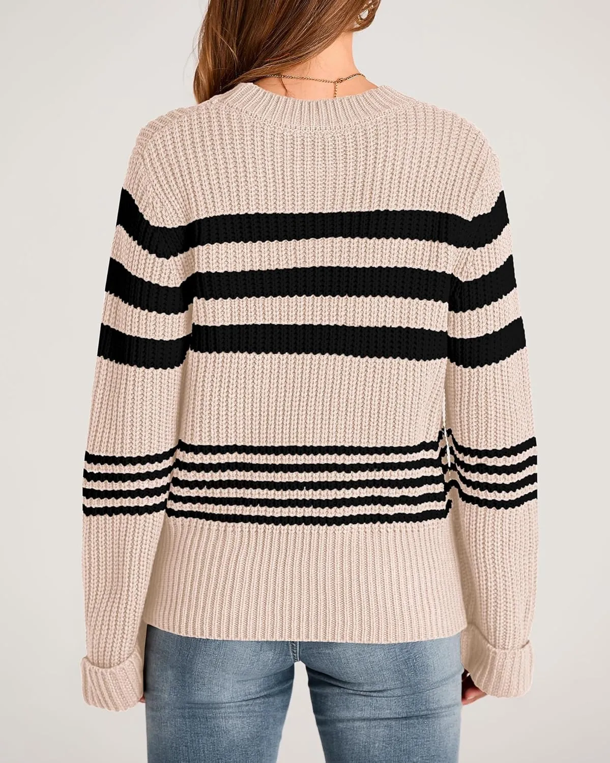 KIRUNDO Women's 2025 Fall Winter Striped Color Block Short Sweater Long Sleeve Crew Neck Casual Loose Knit Pullover Tops