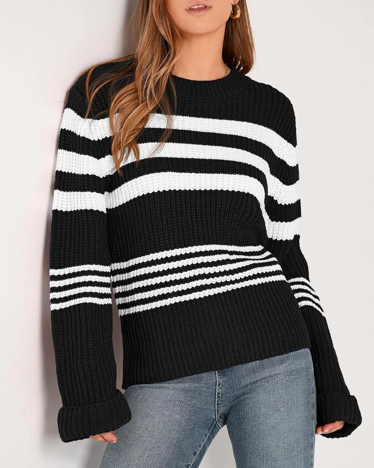 KIRUNDO Women's 2025 Fall Winter Striped Color Block Short Sweater Long Sleeve Crew Neck Casual Loose Knit Pullover Tops