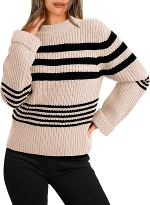 KIRUNDO Women's 2025 Fall Winter Striped Color Block Short Sweater Long Sleeve Crew Neck Casual Loose Knit Pullover Tops