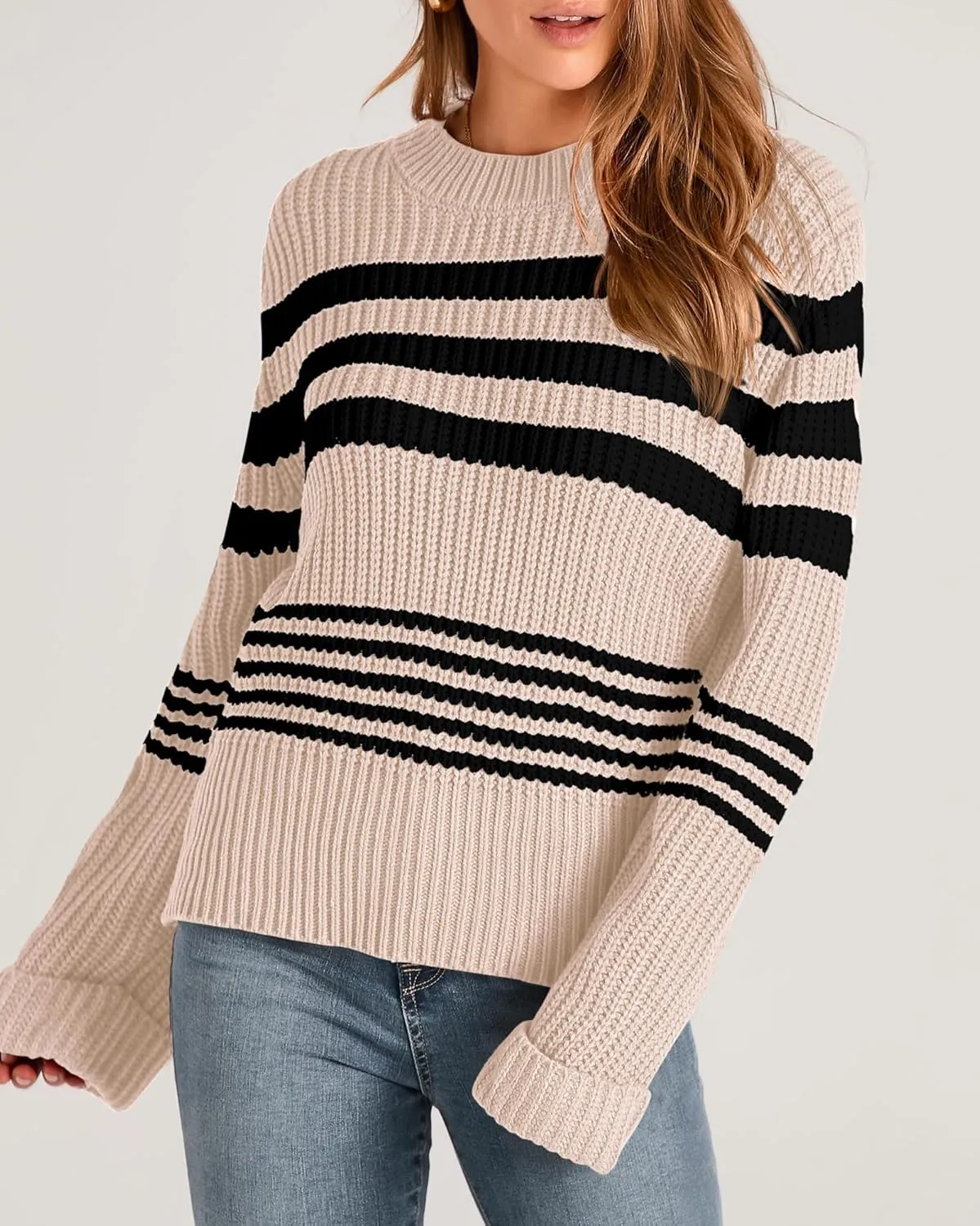 KIRUNDO Women's 2025 Fall Winter Striped Color Block Short Sweater Long Sleeve Crew Neck Casual Loose Knit Pullover Tops