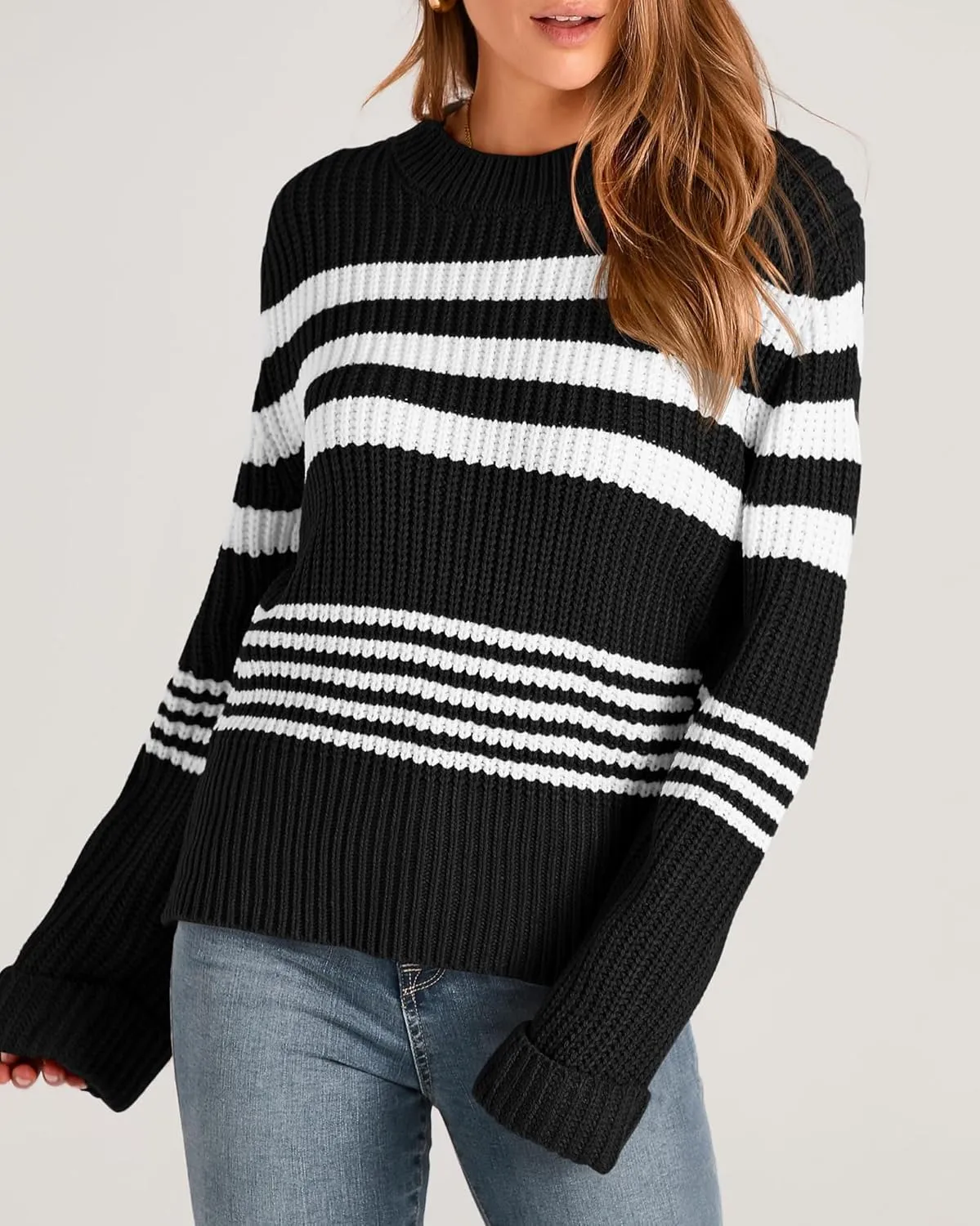 KIRUNDO Women's 2025 Fall Winter Striped Color Block Short Sweater Long Sleeve Crew Neck Casual Loose Knit Pullover Tops