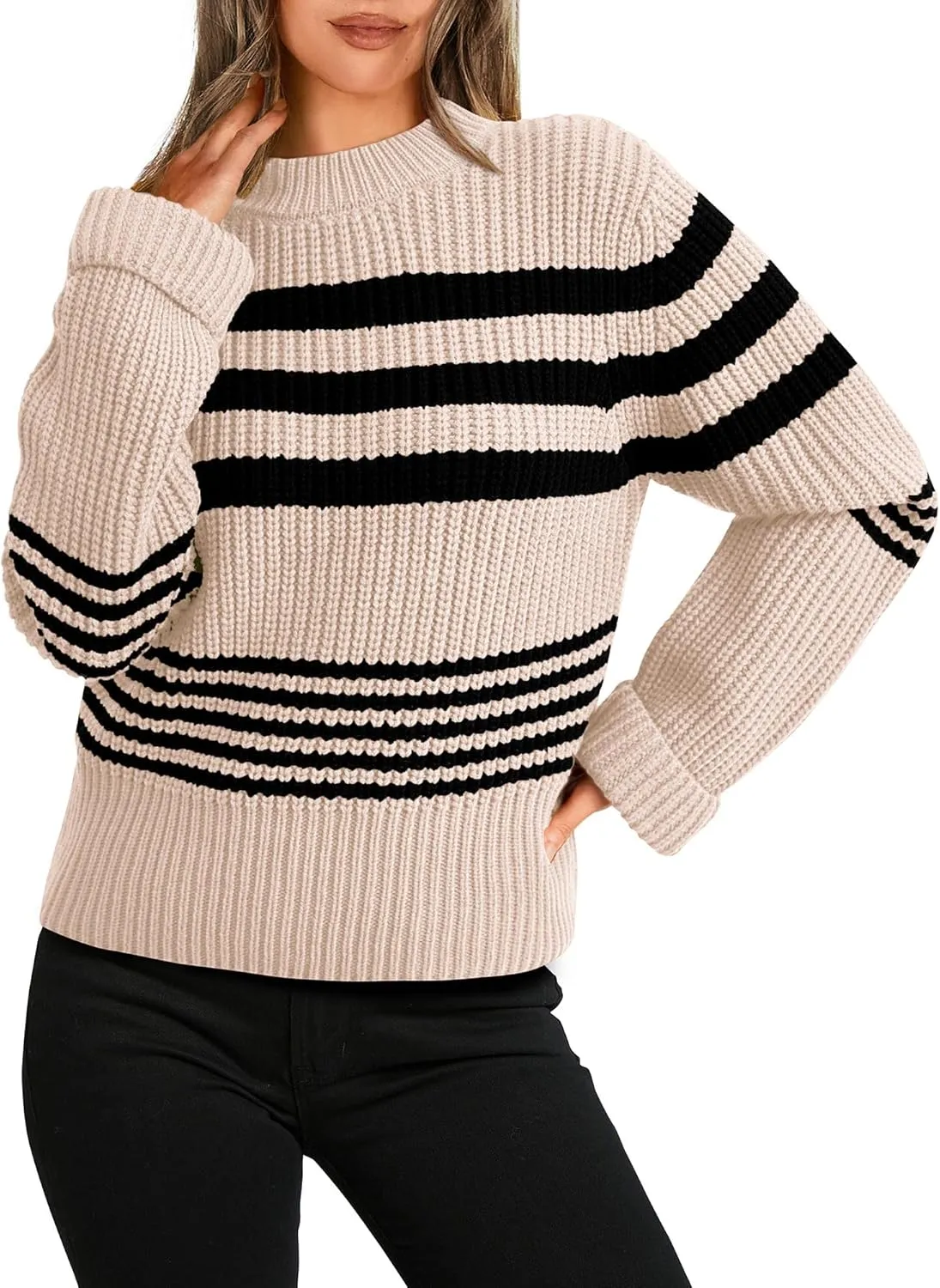 KIRUNDO Women's 2025 Fall Winter Striped Color Block Short Sweater Long Sleeve Crew Neck Casual Loose Knit Pullover Tops