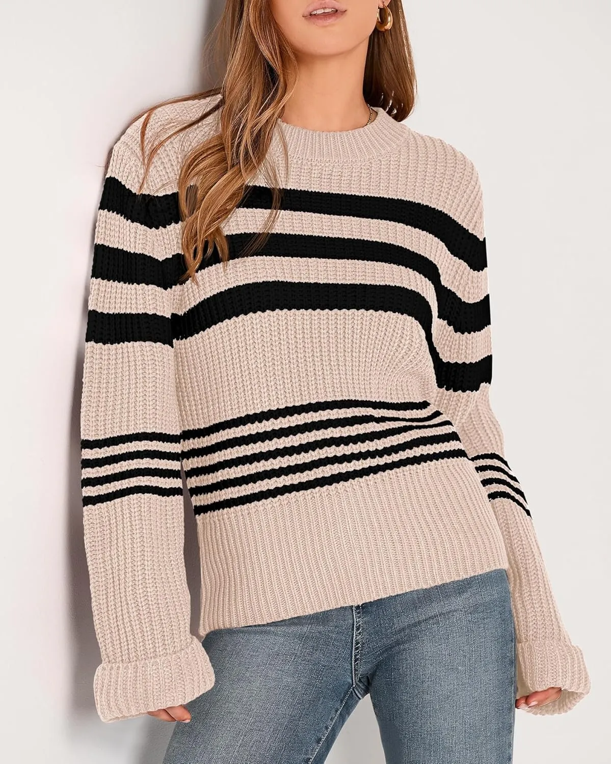 KIRUNDO Women's 2025 Fall Winter Striped Color Block Short Sweater Long Sleeve Crew Neck Casual Loose Knit Pullover Tops