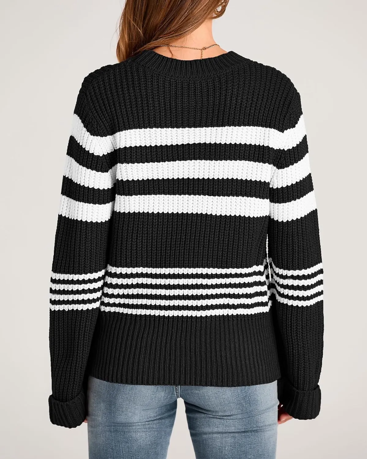 KIRUNDO Women's 2025 Fall Winter Striped Color Block Short Sweater Long Sleeve Crew Neck Casual Loose Knit Pullover Tops