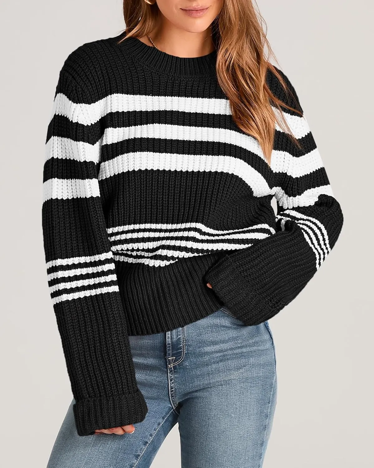 KIRUNDO Women's 2025 Fall Winter Striped Color Block Short Sweater Long Sleeve Crew Neck Casual Loose Knit Pullover Tops