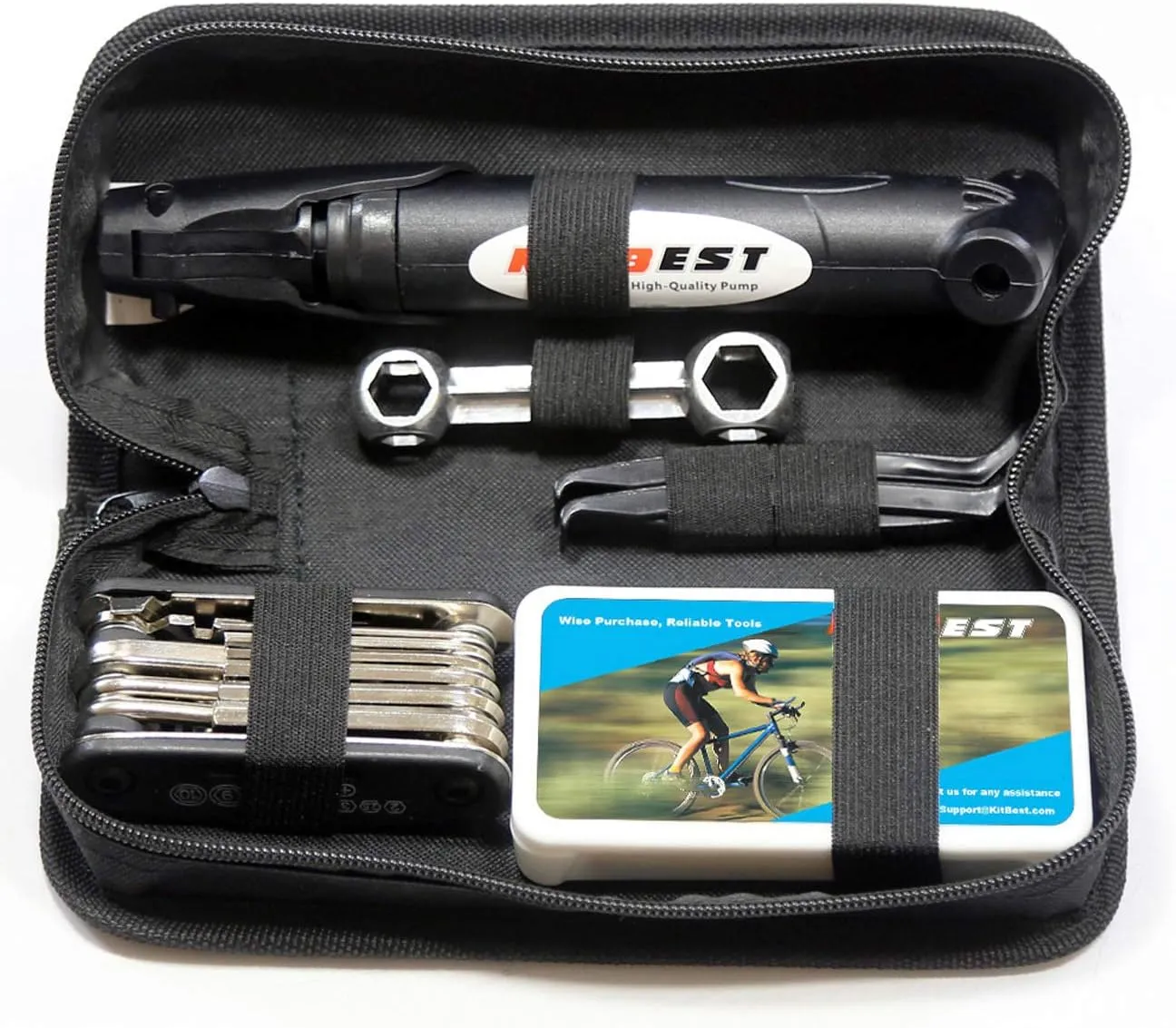 Kitbest Bike Repair Tool Kit. 100 PSI Mini Bike Pump, Tire Puncture Repair Kit, 16 in 1 Bike Multi Tool, Glueless Tire Patch Kit, Bicycle Tire Lever and Bike Bag