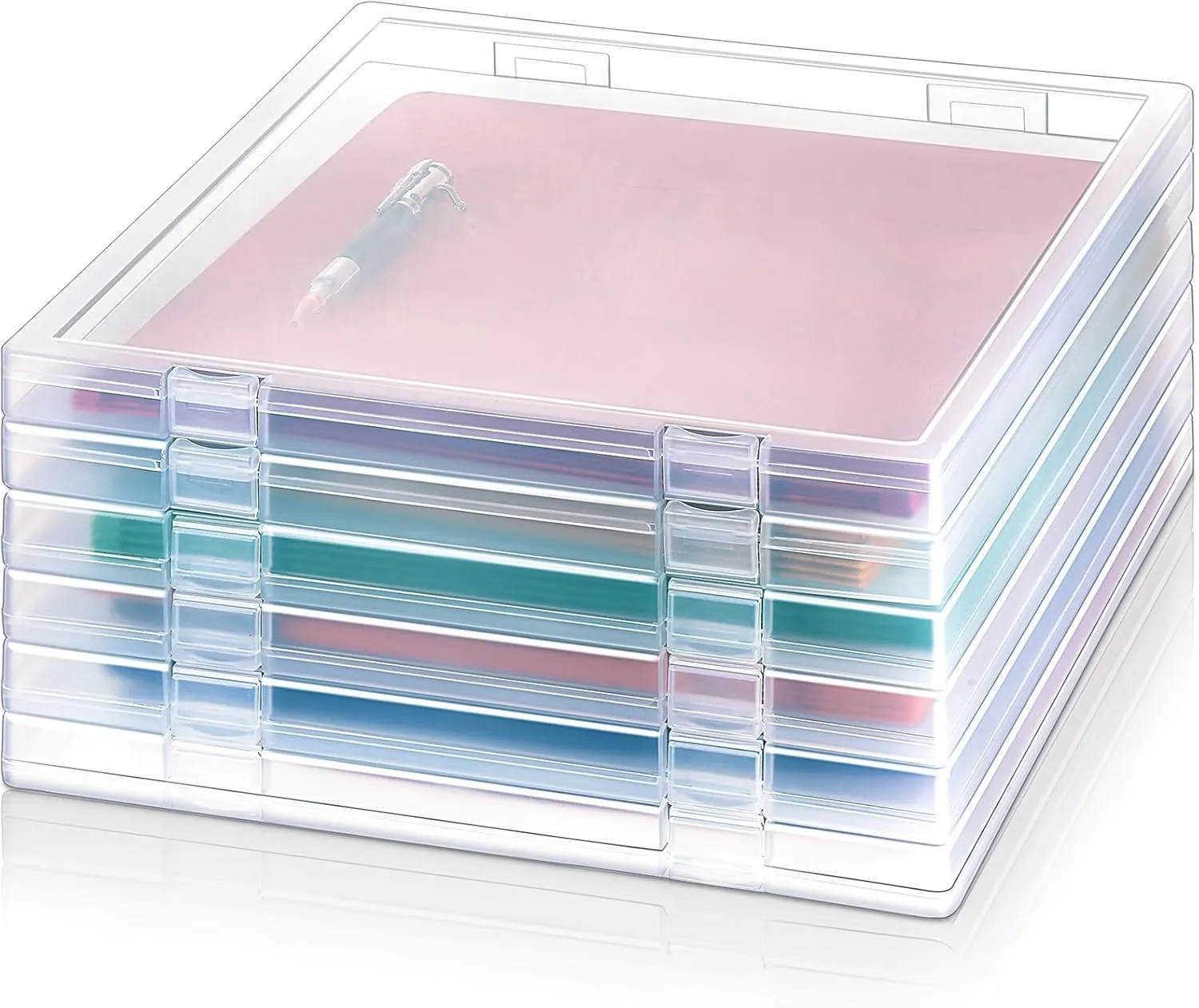 Kosiz 6 Pcs 12 x 12 Inch Paper Storage Case Plastic Scrapbook Storage Box Portable Transparent Organizer Containers Clear Slim Project Case for Documents Photo File Magazines Office School Supplies