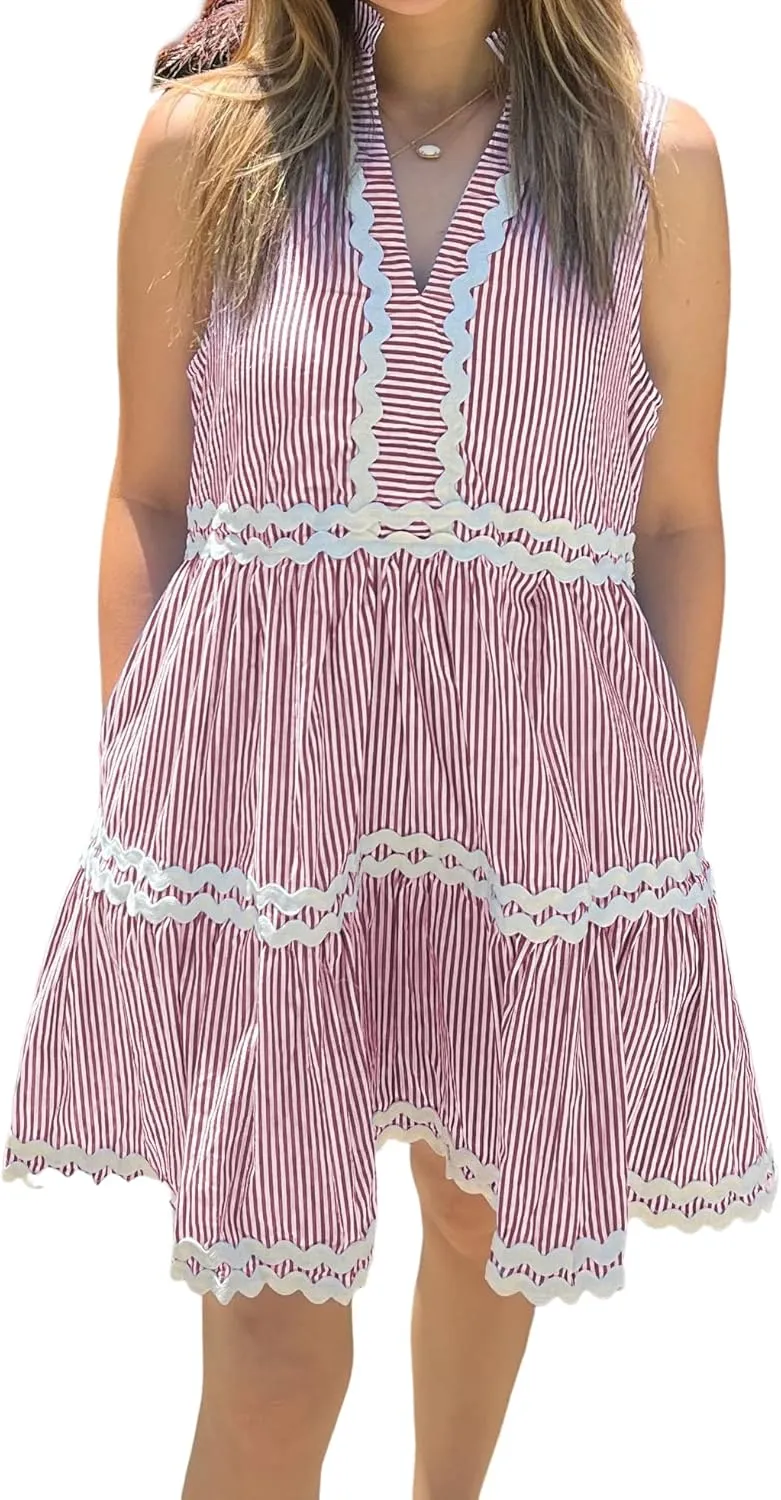 Kuraki Women's Cute Sleeveless Rickrack Tiered Striped Dress