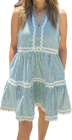 Kuraki Women's Cute Sleeveless Rickrack Tiered Striped Dress