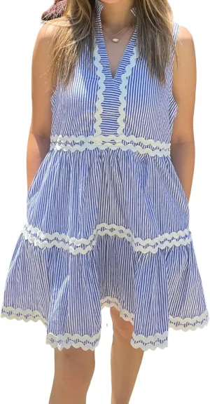 Kuraki Women's Cute Sleeveless Rickrack Tiered Striped Dress