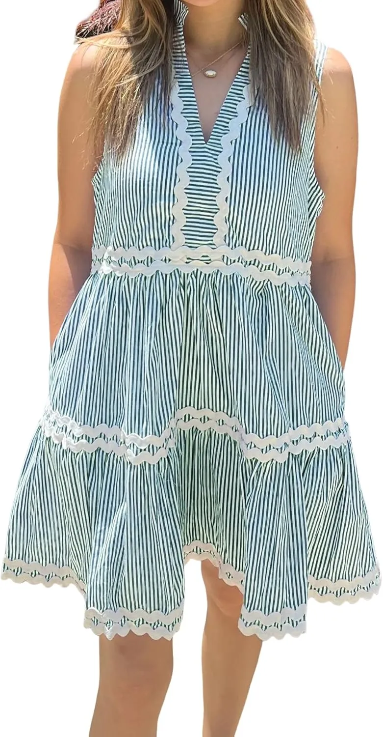 Kuraki Women's Cute Sleeveless Rickrack Tiered Striped Dress