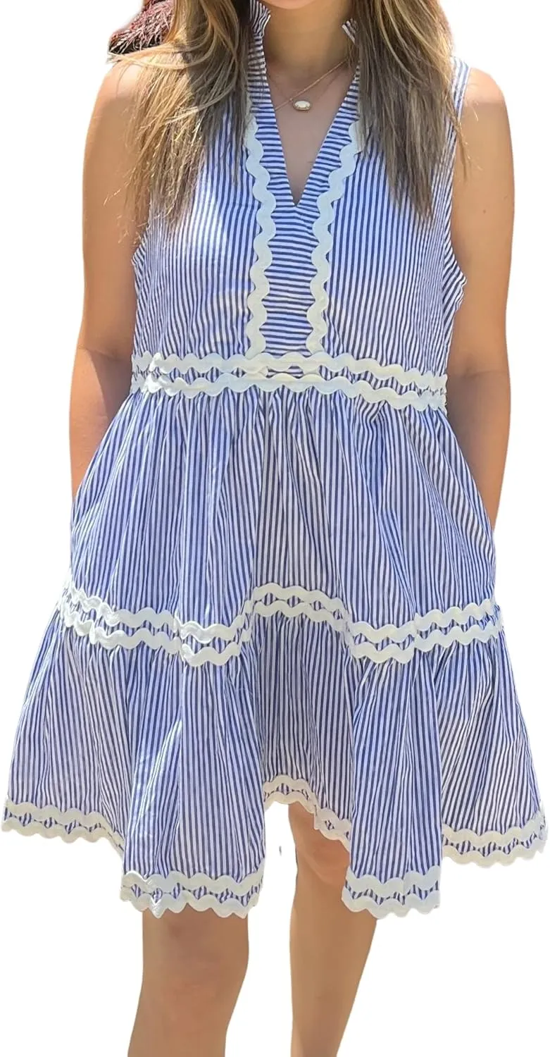 Kuraki Women's Cute Sleeveless Rickrack Tiered Striped Dress