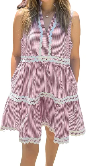 Kuraki Women's Cute Sleeveless Rickrack Tiered Striped Dress