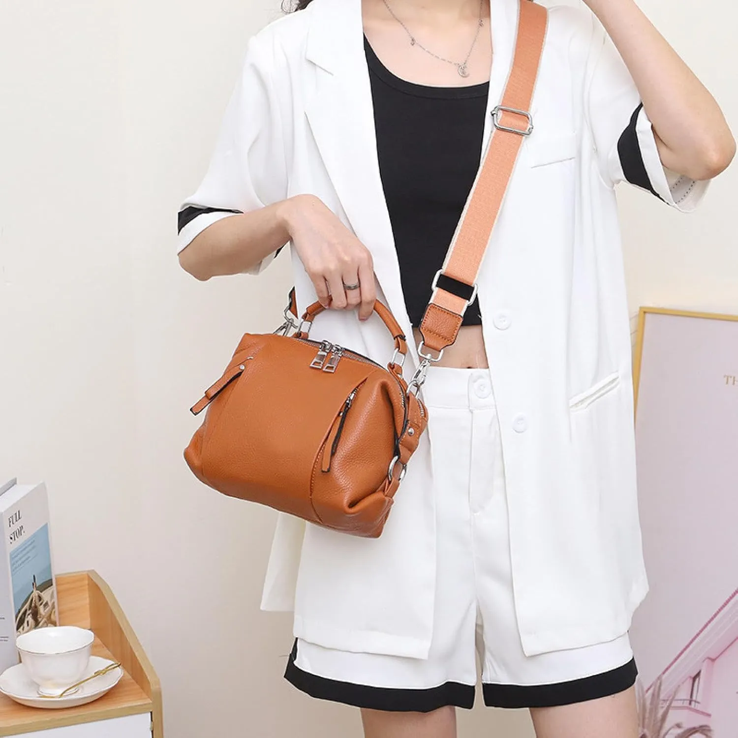 Ladies Bag in Soft Top Leather Tote Shoulder Crossbody in Double-compartment Cowhide