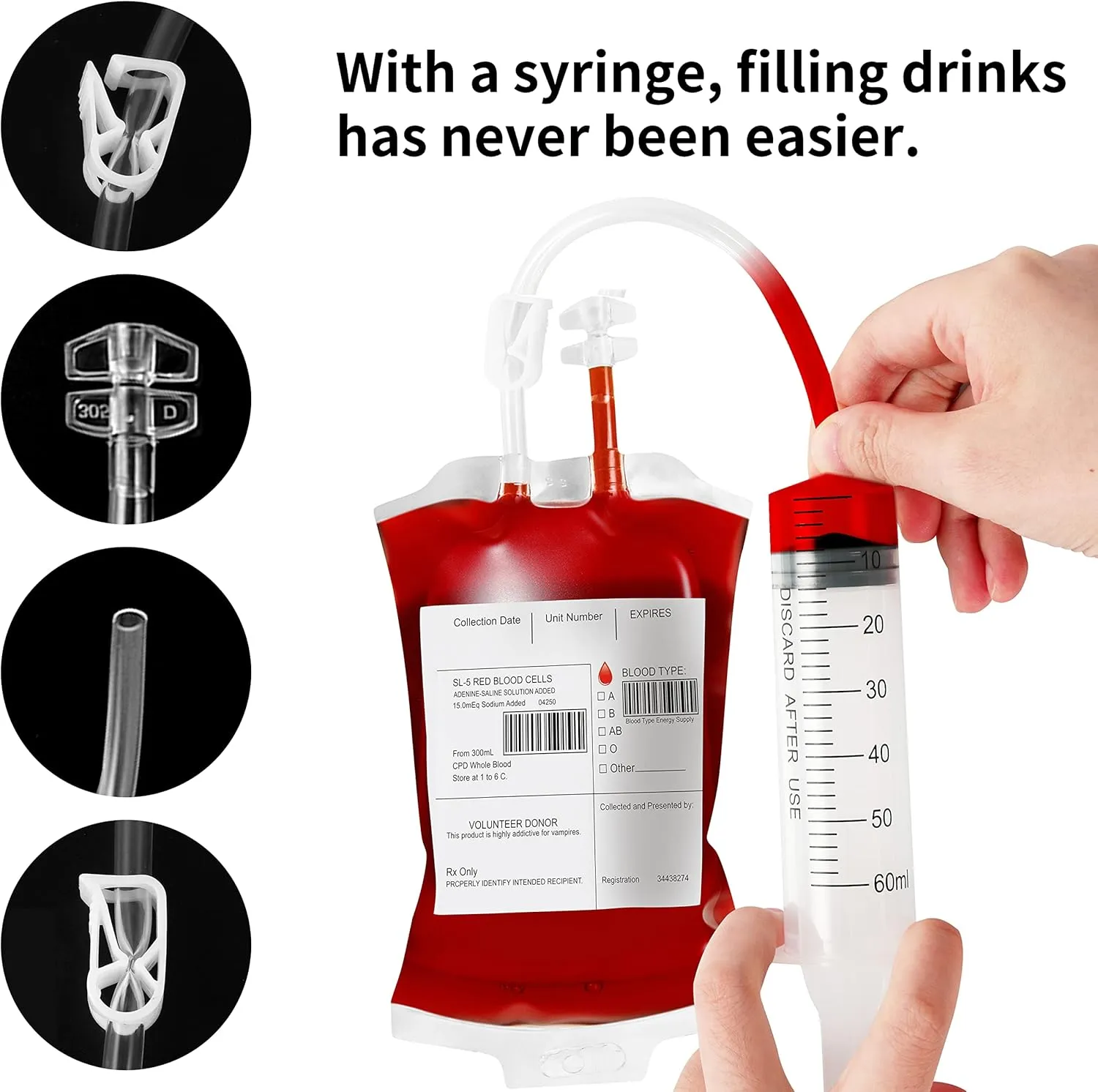 Lansian 100 Pack Halloween Blood Bags for Drinks, Blood IV Bags Reusable Pouches for Halloween Party Decorations Supplies, Zombie Nurse Masquerade Vampire Party Props with Syringes and Clips