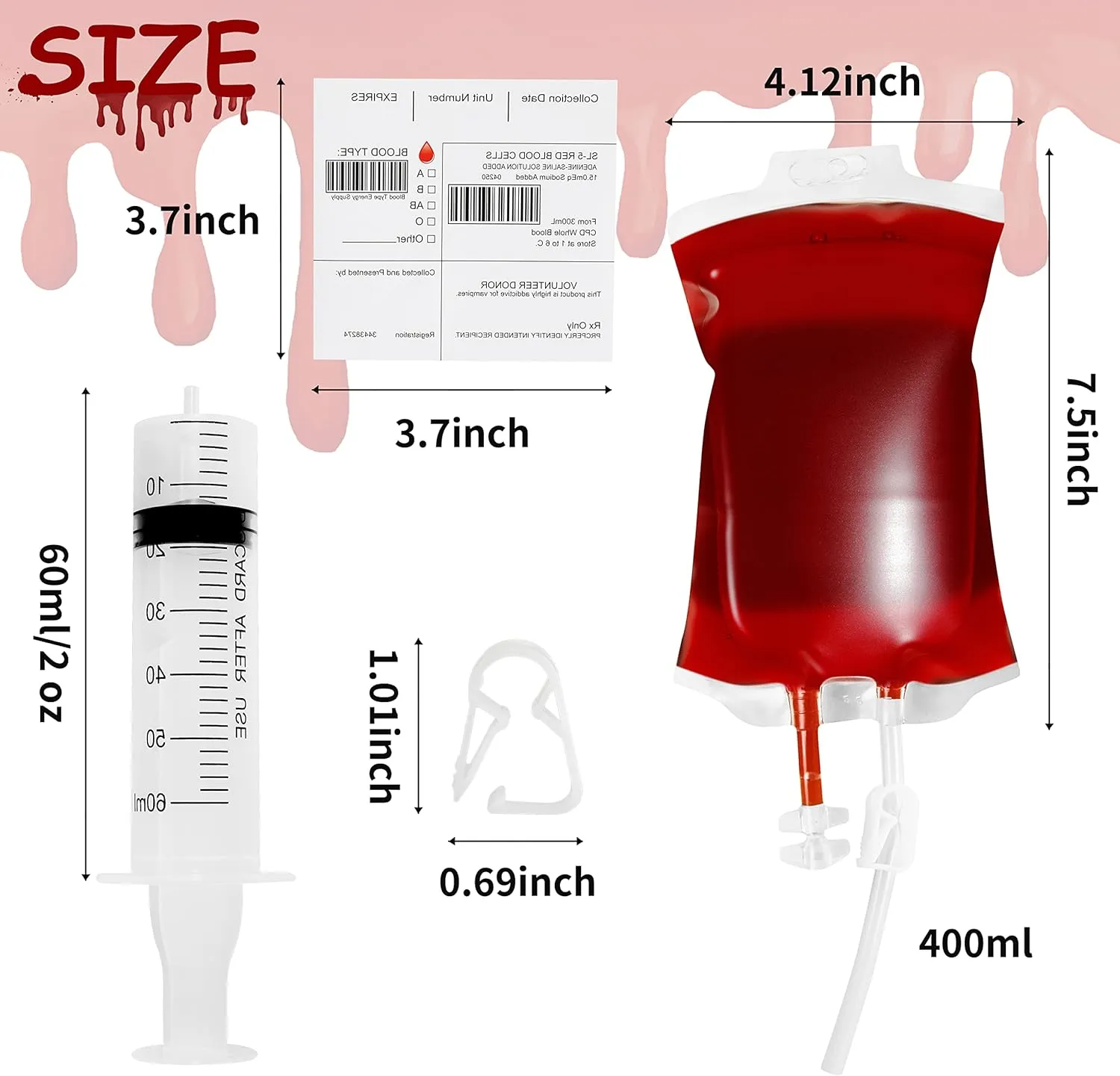 Lansian 100 Pack Halloween Blood Bags for Drinks, Blood IV Bags Reusable Pouches for Halloween Party Decorations Supplies, Zombie Nurse Masquerade Vampire Party Props with Syringes and Clips