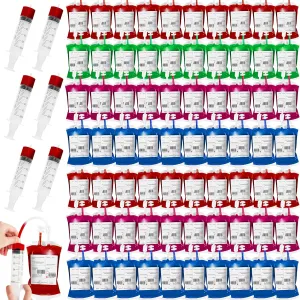 Lansian 100 Pack Halloween Blood Bags for Drinks, Blood IV Bags Reusable Pouches for Halloween Party Decorations Supplies, Zombie Nurse Masquerade Vampire Party Props with Syringes and Clips