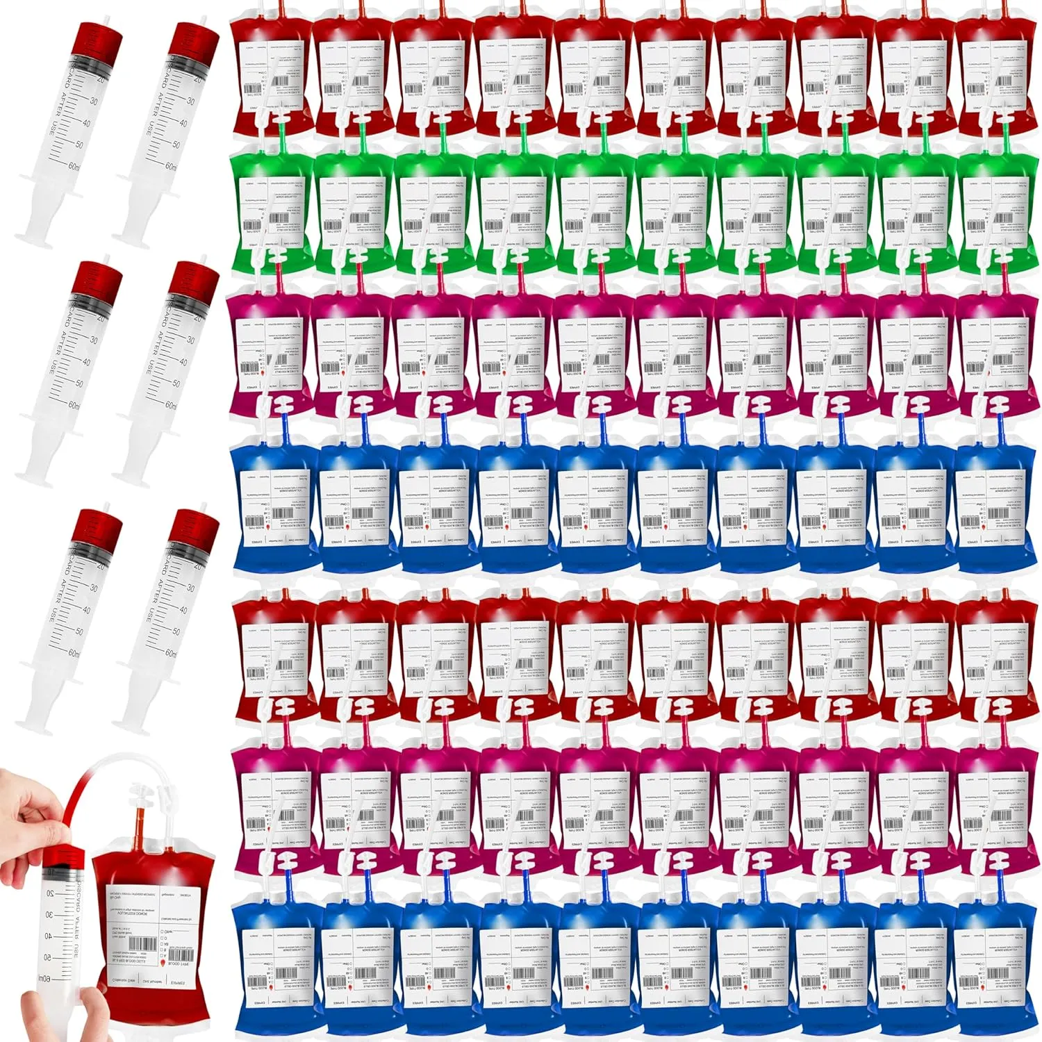 Lansian 100 Pack Halloween Blood Bags for Drinks, Blood IV Bags Reusable Pouches for Halloween Party Decorations Supplies, Zombie Nurse Masquerade Vampire Party Props with Syringes and Clips