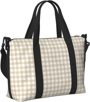 Laptop Tote Bag for Women Work - White Beige Twill Stripe Plaid Gym Bag for Women Men, Personal Item Crossbody Travel Bags Carry On, Overnight Weekender Bags for Women Travel