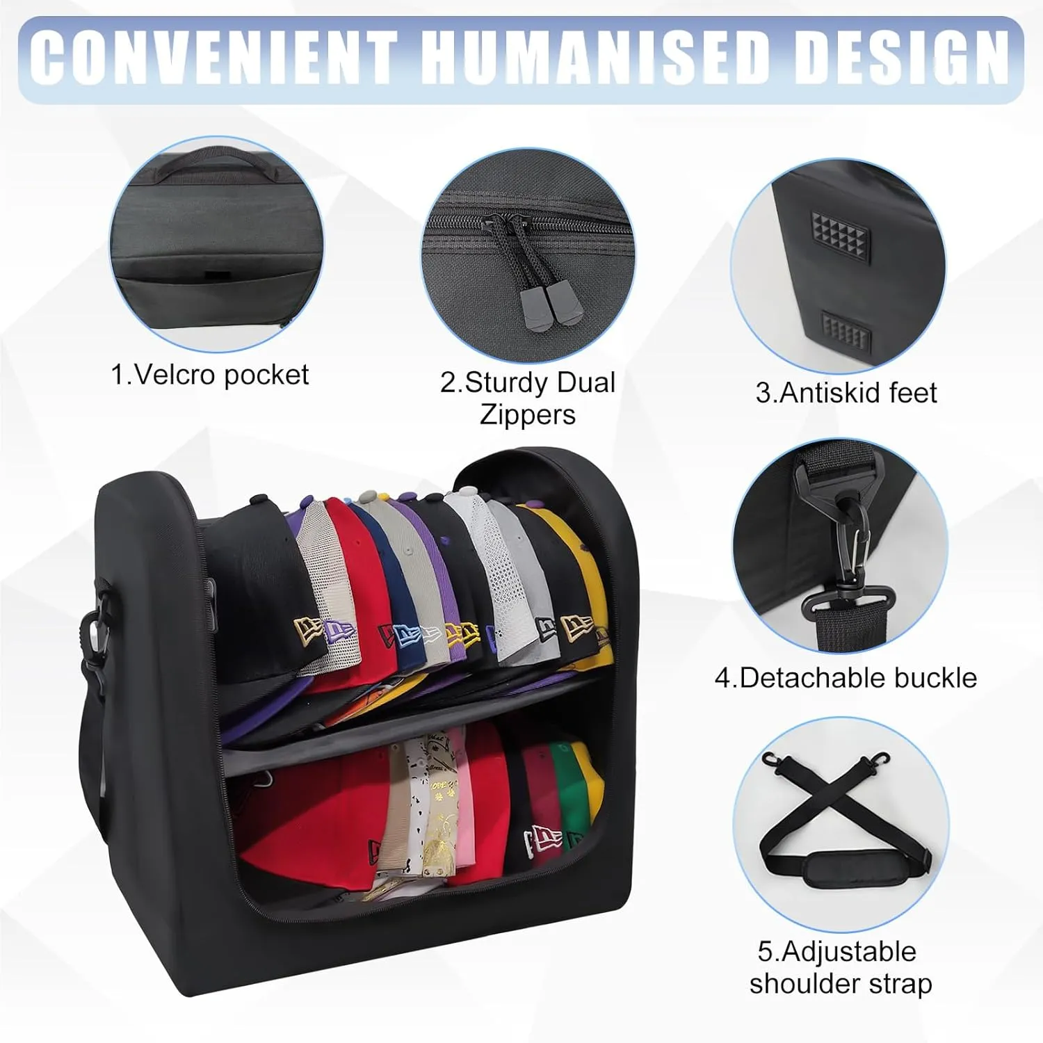 Large Hat Bag for Baseball Caps, Stackable Hat Organizer Bag, Hat Travel Case, Cap Storage Bag, Portable Hat Carrier for 24 Ball Caps, Black