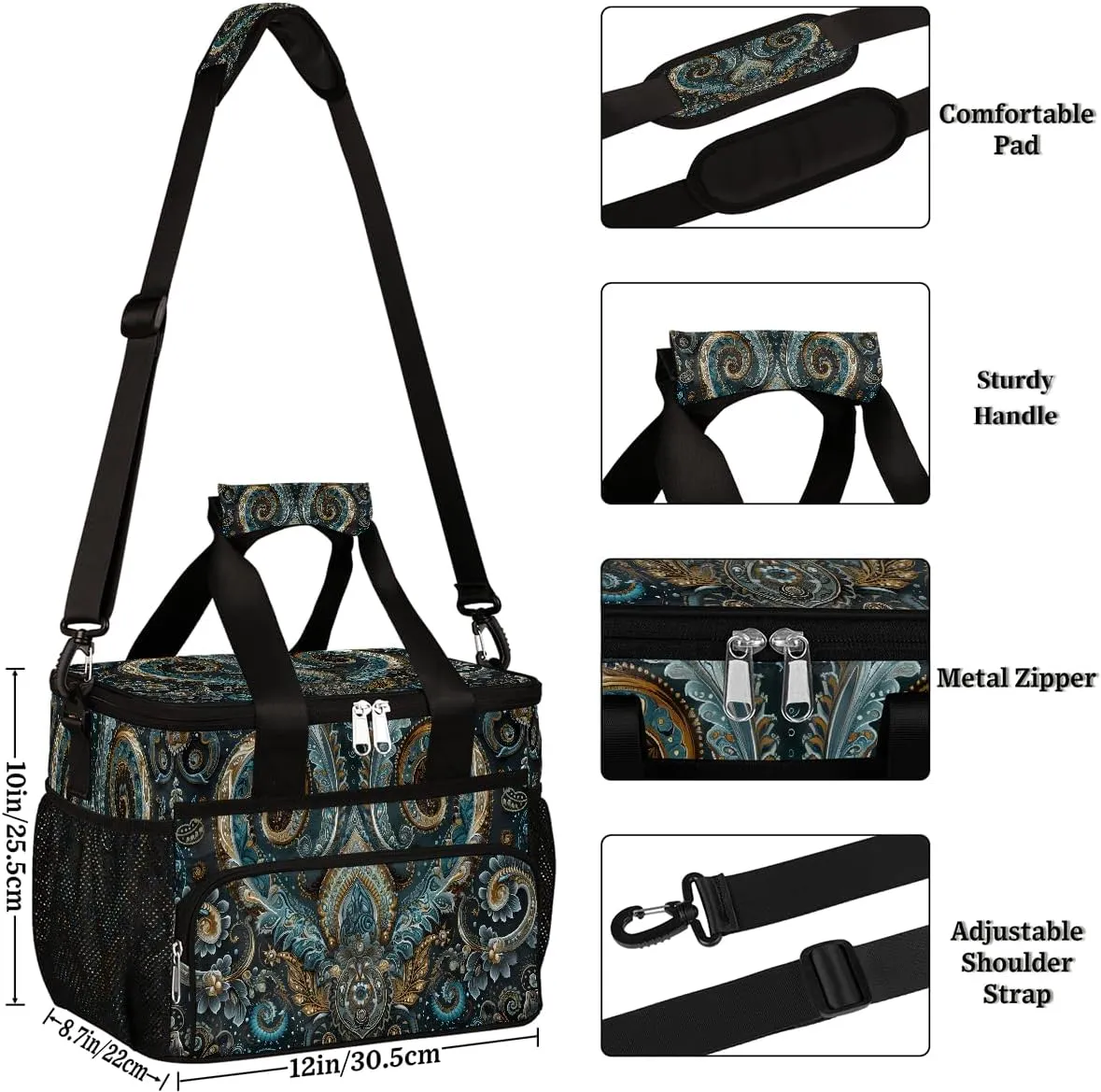 Large Lunch Bag for Women Men Ethnic Texture Solemn Insulated Cooler Lunch Bags Reusable Leakproof Lunch Tote Bag with Adjustable Shoulder Strap Lunch Box for Picnic Camping Beach Travel