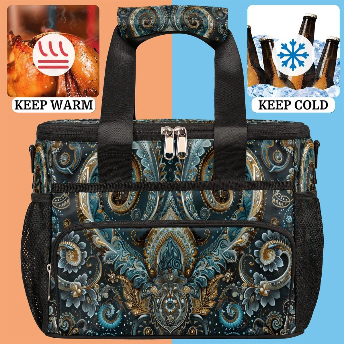 Large Lunch Bag for Women Men Ethnic Texture Solemn Insulated Cooler Lunch Bags Reusable Leakproof Lunch Tote Bag with Adjustable Shoulder Strap Lunch Box for Picnic Camping Beach Travel