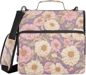 Large Pink Florals 3 Rings Zip Up Binder with Shoulder Strap & Handle Multi-Pocket Document Binder Organizer Suitable for Middle School