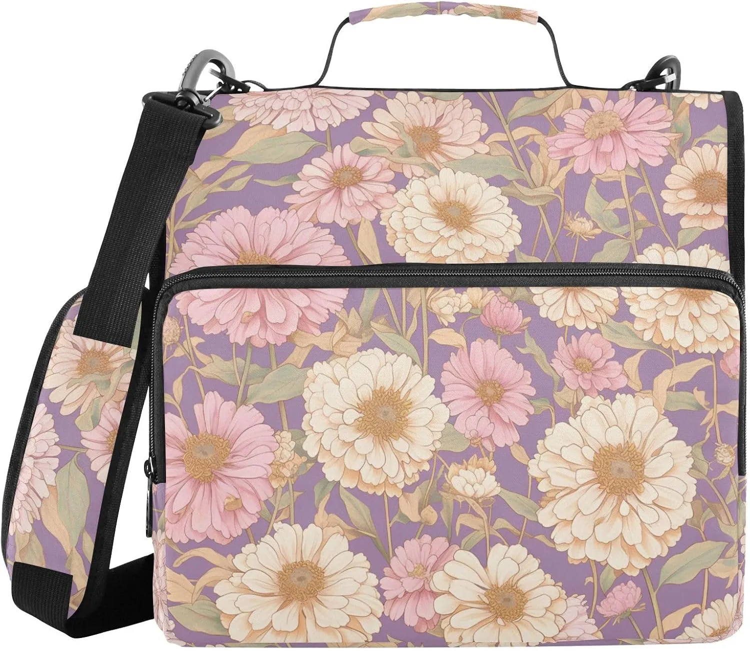 Large Pink Florals 3 Rings Zip Up Binder with Shoulder Strap & Handle Multi-Pocket Document Binder Organizer Suitable for Middle School