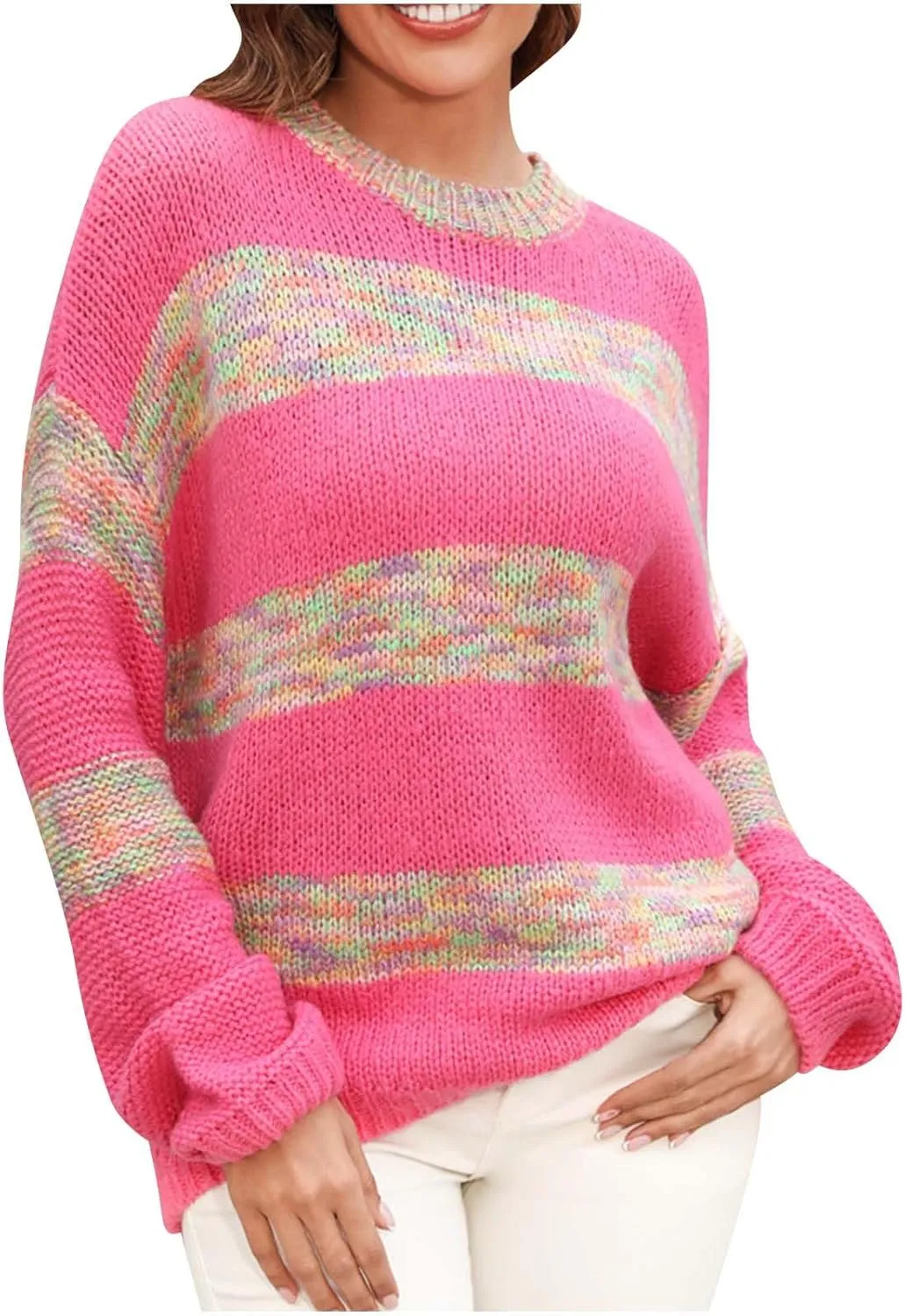 Lastesso Sweaters for Women Trendy Soft Long Sleeve Crewneck Knitted Sweater Casual Color Block Loose Fit Preppy Outfits